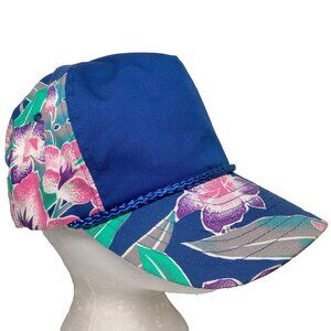 Vintage Nissin Cap Hat Tropical Flowers Aloha Hawaiian Blue Pink Canvas Beach